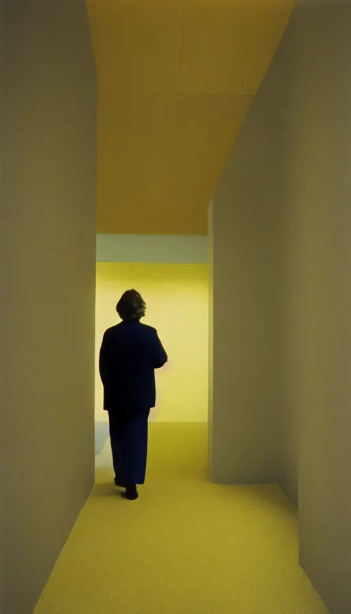 Prompt: 7 0 s movie still of a man made of wool walking in a hospital with yellow wall, cinestill 8 0 0 t 3 5 mm eastmancolor, heavy grain, high quality, high detail