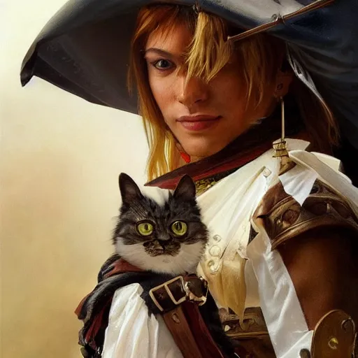 Image similar to Portrait of a Cat as a Pirate, photo, highly detailed oil painting, photorealistic, highly detailed, digital painting, artstation, concept art, smooth, sharp focus, illustration, art by artgerm and greg rutkowski and alphonse mucha