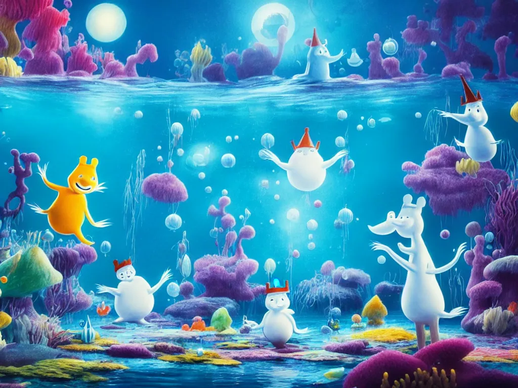 Prompt: underwater moomins discovering the water planet looking at many colorful fishes in the background, photorealistic painting, cgi, low volumetric light, movie still, very cute and cozy and fluffy and sweet