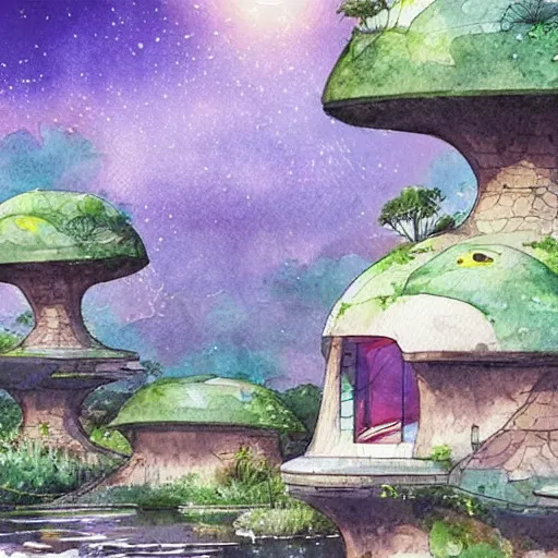 Image similar to beautiful happy picturesque charming sci - fi organic dome - like homes in a beautiful natural scene. water, trees and rocks. beautiful light. soft colour scheme. beautiful artistic detailed watercolor by lurid. ( 2 0 2 2 )