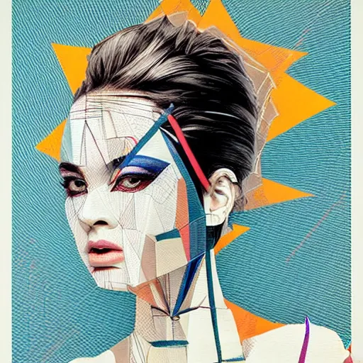 Image similar to beautiful elegant woman haloed by an explosion of chart lines and graphs by sandra chevrier, rik oostenbroek, simple contrasted color, white background