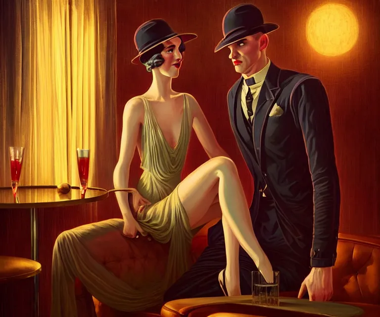 Prompt: a beautiful classy partying couple, dimly lit upscale 1920s speakeasy, relaxed pose, art deco, detailed painterly digital art style by Vincent Di Fate, retro vibe, 🍸, 8k octane beautifully detailed render, post-processing, extremely hyperdetailed, intricate, epic composition, grim yet sparkling atmosphere, cinematic lighting + masterpiece, trending on artstation, very detailed, vibrant colors, Art Nouveau, masterpiece, romanticism