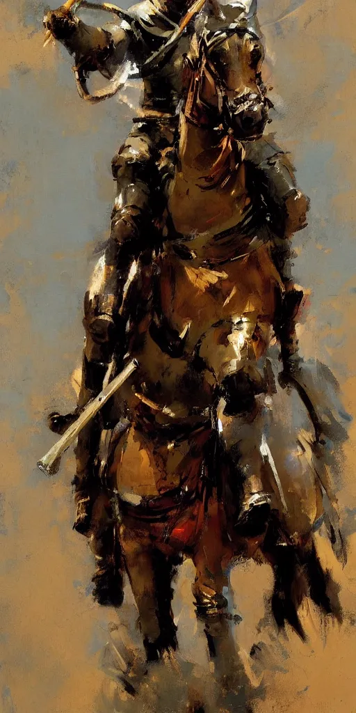 Image similar to portrait of colorful rider holding jousting lance, caparisons, chainmail, by greg manchess, bernie fuchs, ruan jia, walter everett