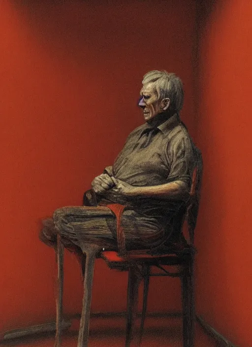 Prompt: beksinski style older man sitting on a chair in dark basement with red walls and one window