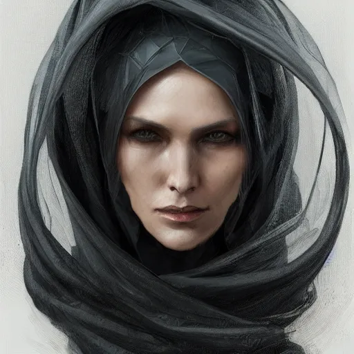 Image similar to portrait, female bene gesserit, bee keeper, dark clothes, veiled face, hidden face, d & d, fantasy, intricate, elegant, highly detailed, digital painting, artstation, concept art, matte, sharp focus, illustration, art by artgerm and greg rutkowski and alphonse mucha