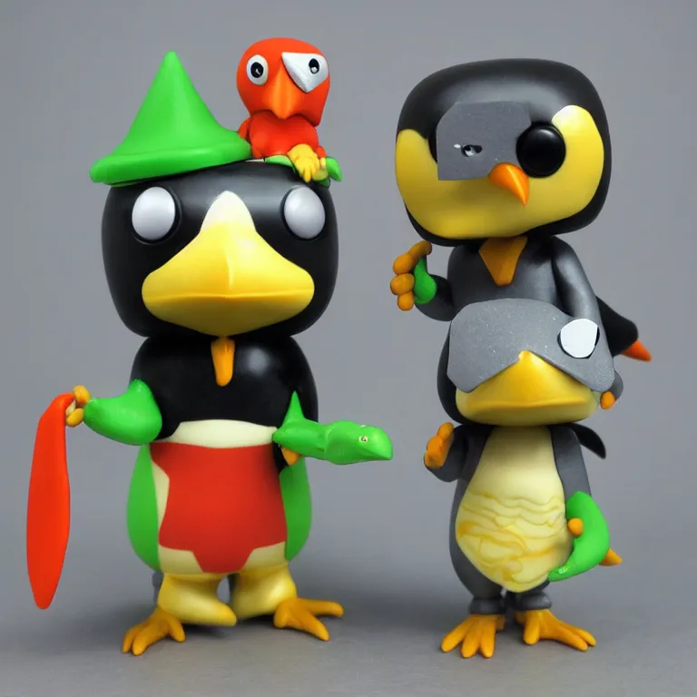 Prompt: Funko pop heavy metal penguin and turtle sidekick