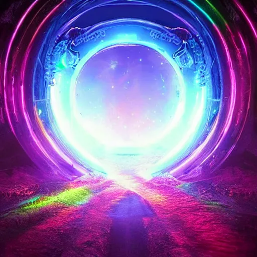 Prompt: portal to another dimension, magnificent, epic, neon, highly detailed, beautiful lighting, fantasy landscape