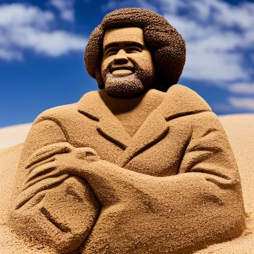 Prompt: sand sculpture of bob ross, highly detailed, photograph, 5 0 mm f 1. 4, bright sunlight