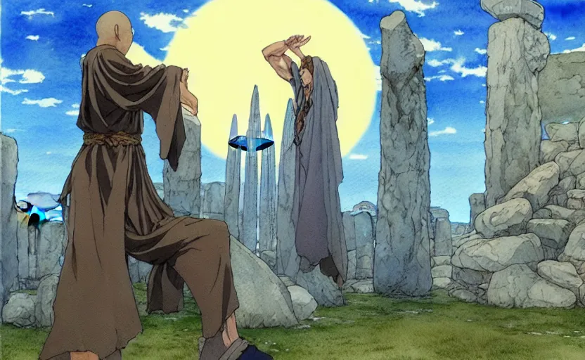 Image similar to a realistic anime watercolor fantasy concept art of a giant monk with a big forehead and a grey robe raising his hand to the sky in stonehenge. in the background several immense stones are floating in the air. by rebecca guay, michael kaluta, charles vess