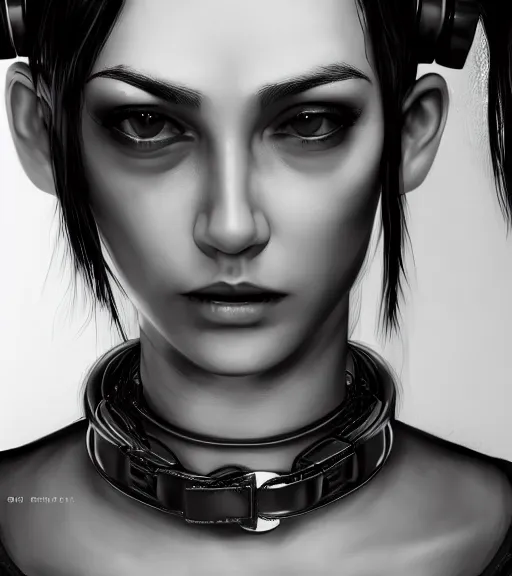 Image similar to detailed realistic female character cyberpunk wearing thick steel collar around neck, realistic, art, beautiful, 4K, collar, choker, collar around neck, punk, artstation, detailed, female, woman, choker, cyberpunk, neon, punk, collar, choker, collar around neck, thick collar, tight around neck, punk,