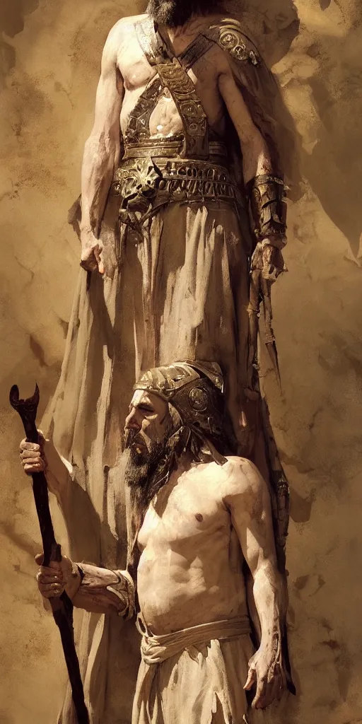 Image similar to a full body portrait of the ancient historical biblical evil pagan king ahab of Israel by craig mullins and marc simonetti, Ross Tran and WLOP, by Andrew Wyeth and Gerald Brom, In the style of John singer Sargent and James gurney, ARTSTATION, cgsociety, polycount, character design, CINEMATIC, AWE INSPIRING, BEAUTIFUL, ART GERM