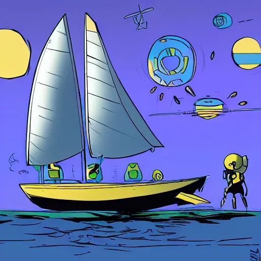 Prompt: Marvel!! comic style futuristic sailboat with solar sales and robot! captain!, digital art, 8k