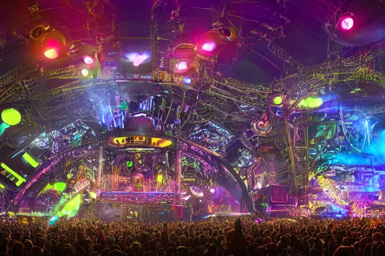 Image similar to a huge outdoor festival stage, center of the stage is a huge futuristic steampunk generators surrounded by steampunk machinery with huge loudspeakers, rock musicians on the stage, laser show, 8 k, fluorescent colors, halluzinogenic, multicolored, exaggerated detailed, unreal engine