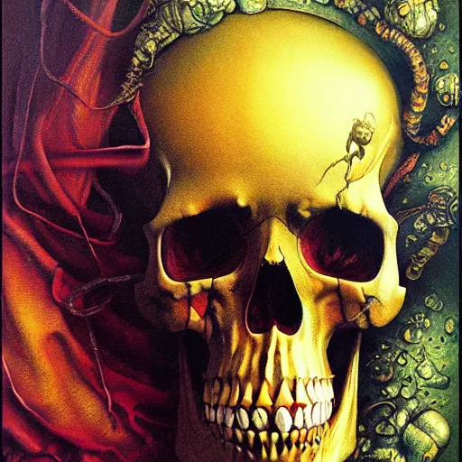 Prompt: realistic detailed image of skull with a golden cloth by Ayami Kojima, Amano, Karol Bak, Greg Hildebrandt, and Mark Brooks, Neo-Gothic, gothic, rich deep colors. Beksinski painting, part by Adrian Ghenie and Gerhard Richter. art by Takato Yamamoto. masterpiece