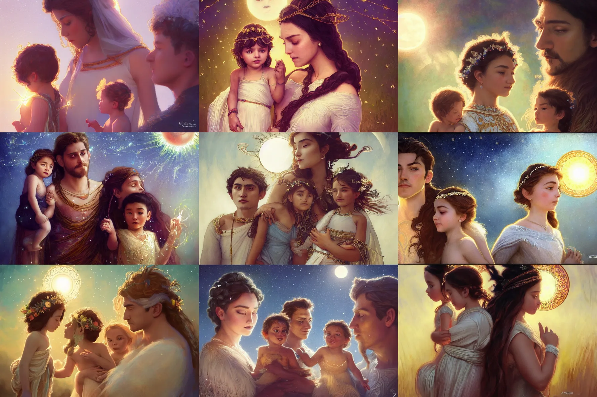 Prompt: a cinematic beautiful close up moment of a young sun god and moon goddess magician family with child facing the same way, portrait, wedding wearing boho sunhat with string lights, wedding photography, Frozen Klaus film, digital painting, artstation, concept art, illustration, Frozen II art masterpiece by art by Krenz Cushart, Artem Demura, alphonse mucha, yoji shinkawa, ArtGerm, Jon Lothian, Danilo Torres, Adi Meyers, Thomas Reimann, Gaston Bussiere