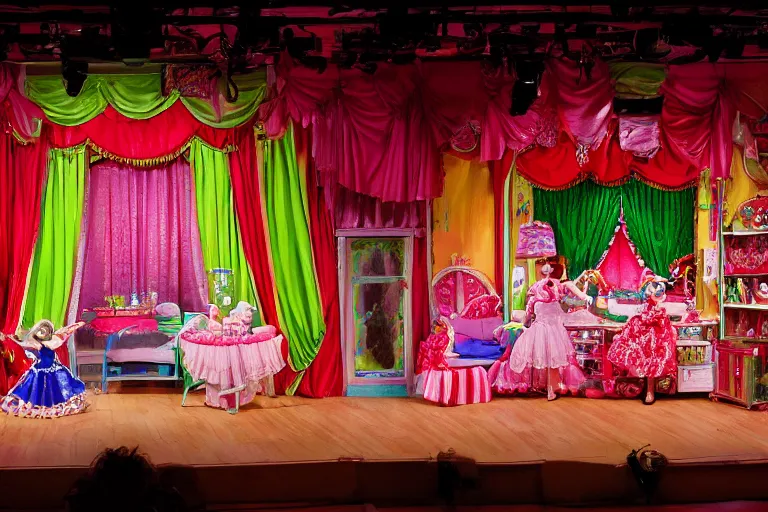 Prompt: photo of a big theaterstage, stage is decorated as 7 0 ties dollhouse with kitchen and living room, theater curtains are red, 3 actors in flower power costumes standing on stage singing, 8 k, multicolored, exaggerated detailed, long shot