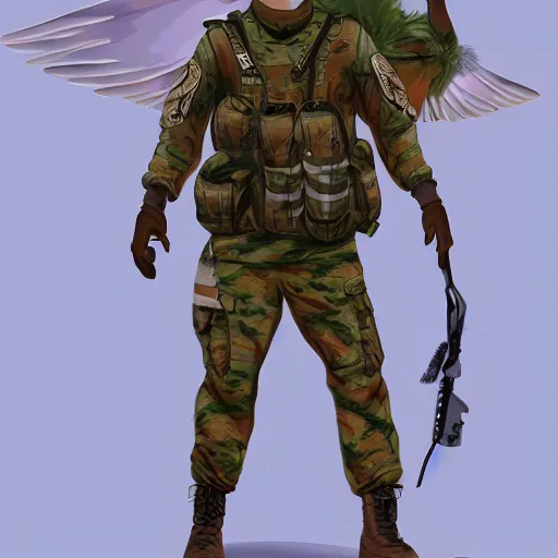 Image similar to very very beautiful avian furry art, male cute caracal wearing desert camo combat uniform, outstretched wings, commission on furaffinity, highly detailed digital art