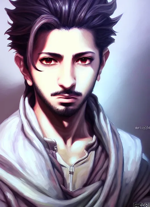 Image similar to a portrait of emad on ama an ultrafine detailed painting, detailed painting, detailed eyes!!, final fantasy octopath traveler lovecraft ghibly