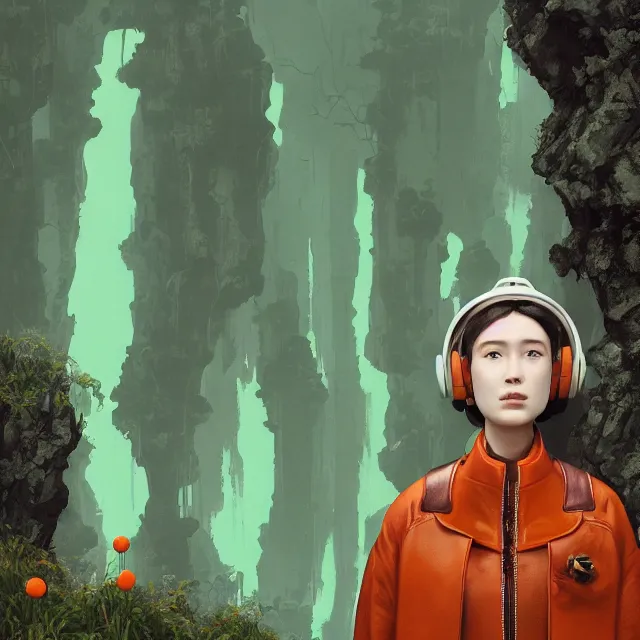 Image similar to portrait of alone androgynous girl wearing long orange vintage leather coat and wearing giant modular synthesizer 8 0 s sony stereo helmet and backpack. bakelite cliffs, moss green japanese forest background, ultrafine hyperdetailed illustration by hsiao - ron cheng and artgerm, the grand budapest hotel, glow, no crop, digital art, artstation, pop art