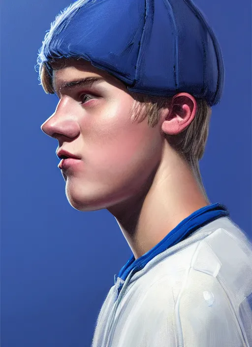 Image similar to portrait of high school senior boy named big moose, blonde short hair, jock, beefy, wide face, square jaw, square facial structure, blue varsity jacket with letter r, intricate, elegant, glowing lights, highly detailed, digital painting, artstation, concept art, sharp focus, illustration, art by wlop, mars ravelo and greg rutkowski