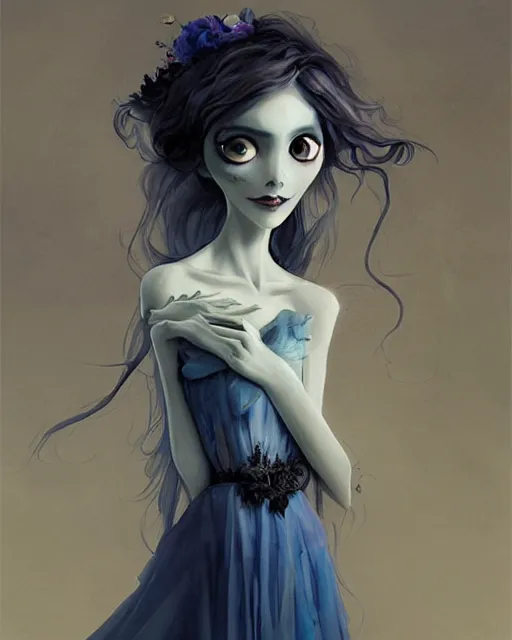 Image similar to elegant mysterious solemn zombie victoria everglot from the corpse bride, portrait, illustration, rim light, top light, summer clear blue sky, perfectly shaded, soft painting, art by krenz cushart and wenjun lin