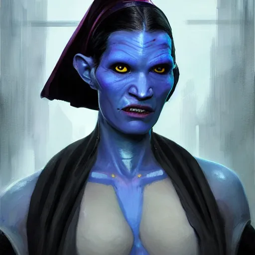 Image similar to portrait of a female Twi'lek by Greg Rutkowski, blue skin, she is about 30 years old, wearing black sith uniform, Star Wars Expanded Universe, highly detailed portrait, digital painting, artstation, concept art, smooth, sharp foccus ilustration, Artstation HQ