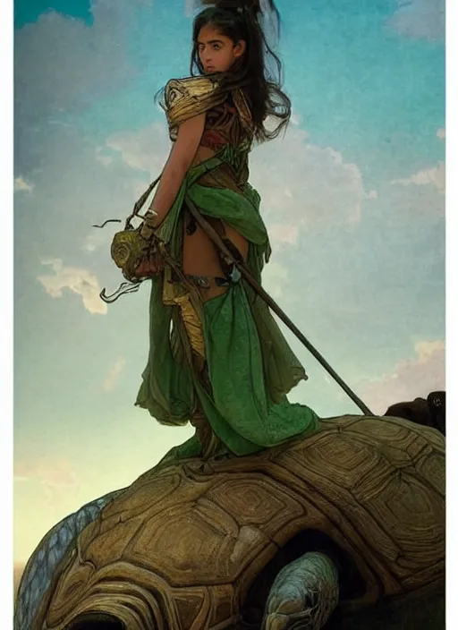 Prompt: a little warrior girl standing on top of one giant turtle in the desert. the girl has dark skin and beautiful green eyes, realistic full body and a very beautiful detailed symmetrical face with long black hair. diffuse light, dramatic sky and landscape, extreme long shot fantasy illustration by mucha