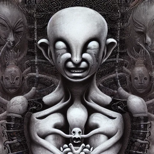 Image similar to naraka buddhist demon korean, happy female alien, tubular creature, blood vessels, no face, dystopian surrealism, alex ries zdzisław beksinski, symmetrical long head, smooth marble surfaces, smooth marble surfaces, detailed ink illustration, detailed ink illustration, raiden metal gear, cinematic smooth stone, deep aesthetic, concept art, intricate