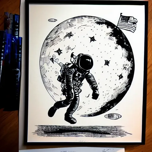 Image similar to astronaut on the moon walking, silhouette, intricate ink drawing, highly detailed in the style of jamie hewlett