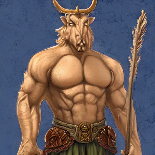 Prompt: Character portrait, face close up: Minotaur Male Cleric. Peace will conquer all. In the style of Ralph Horsley