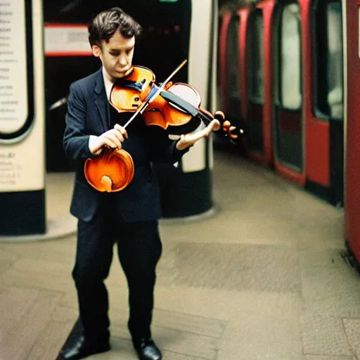 Image similar to photo, violin player, london underground, 5 0 mm f / 1. 4, cinestill 8 0 0,