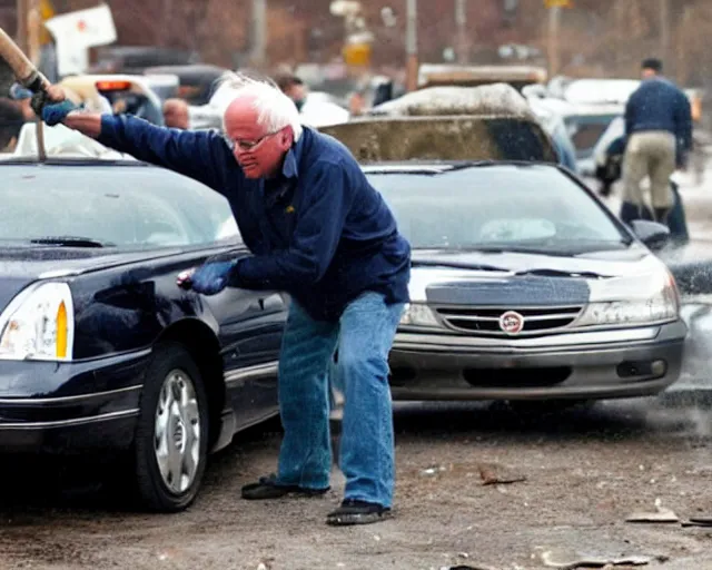 Prompt: bernie sanders smashing a 2001 cadillac deville into pieces with a sledgehammer