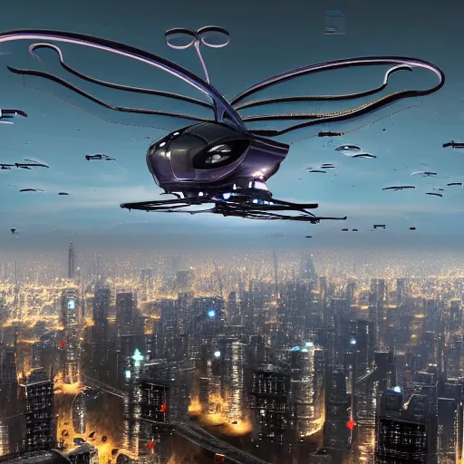 Image similar to amazingly detailed futuristic helicopter with shiny metal and robotic parts flying above large city, hd, artstation, scott robertson