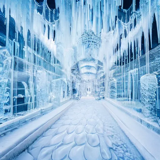 Prompt: a cityscape made entirely of ice, crystal clear ice city sculpture, first person pov, first person perspective, realistic fantasy photography, mystical