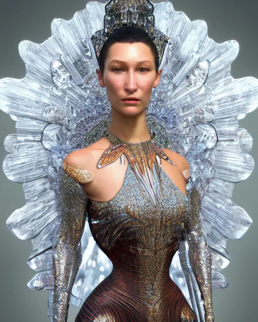 Image similar to a highly detailed metahuman 8 k close up render of bella hadid as surrealism renaissance in iris van herpen dress schiaparelli in diamonds crystals swarovski and jewelry iridescent in style of alphonse mucha gustav klimt trending on artstation made in unreal engine 4