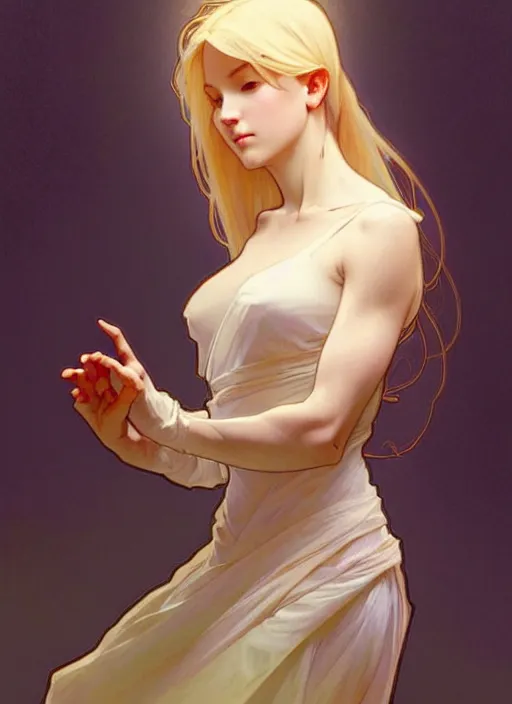 Prompt: digital character concept art by artgerm and greg rutkowski and alphonse mucha. clear portrait of a shy modern wife blessed by god to grow immaculately perfect!! blonde, in clothes! gifted holy body! light effect. hyper detailed, glowing lights!! intricate, elegant, fertility, digital painting, artstation, smooth, sharp focus