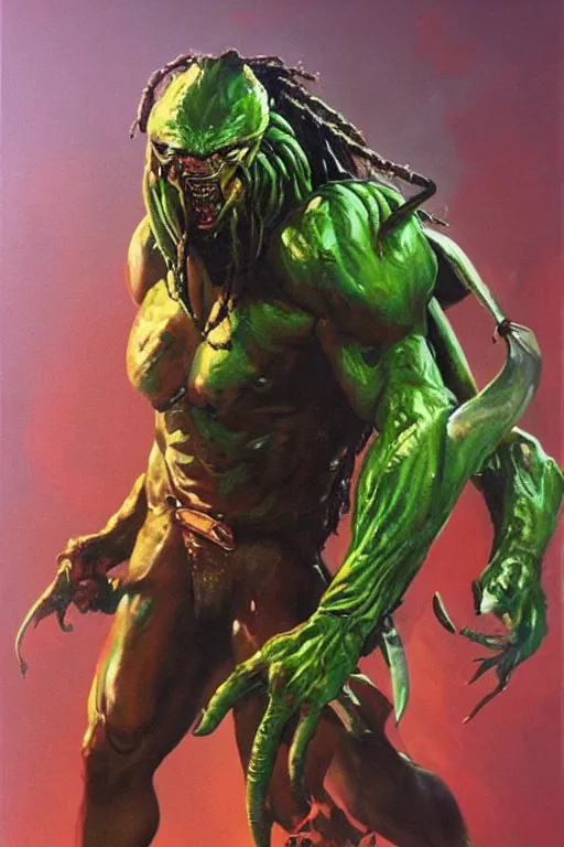 Prompt: pierre emmanuel saubade turned into the predator from 1 9 8 6 movie, artstation, concept art, smooth, sharp focus ilustration hq, painting in the style of leroy neiman, green tones