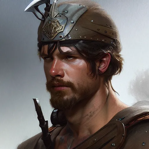 Image similar to portrait of a young rugged ranger, muscular, upper body, longsword, D&D, fantasy, intricate, cinematic lighting, highly detailed, digital painting, artstation, concept art, smooth, sharp focus, illustration, art by Artgerm and Greg Rutkowski and Alphonse Mucha