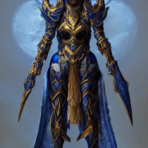 Image similar to ancient hybrid majestic elf warrior dark blue and gold heavy armor concept art, intricate artwork masterpiece, very coherent artwork, cinematic, very coherent artwork, trending on cg society, ultra high quality model, production quality cinema model, high detail , octane render, hyper realism, high detail, octane render, High contrast, highly detailed