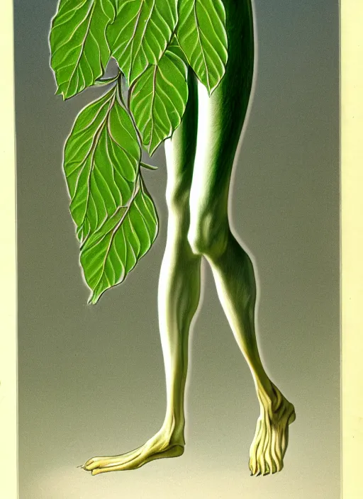 Prompt: fantasy scientific botanical illustration of a green tall plant walking around with human legs