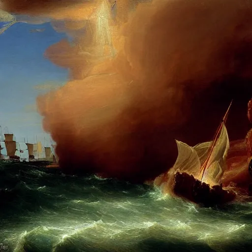 Image similar to an oil painting of an xviii century ship firing its cannons, highly detailed, 4 k, painted by thomas cole