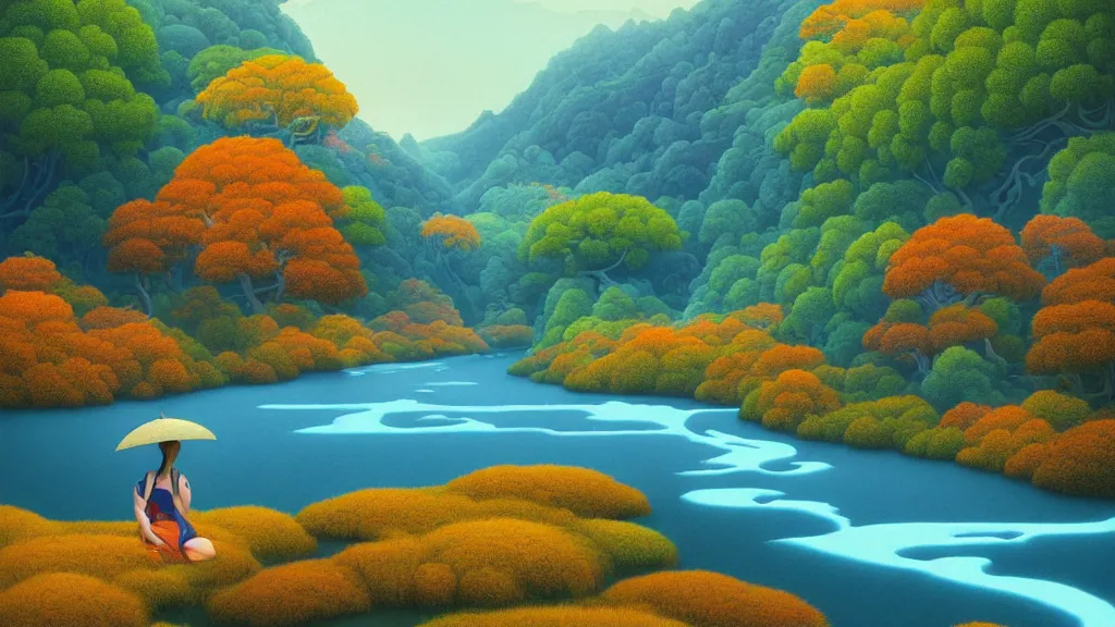 Image similar to digital painting of a lush river valley by gerald brom. blue river. autumn day. chiho aoshima. digital render. detailed. beautiful landscape.