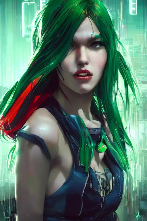 Prompt: cyberpunk woman with green hair wearing a red plaid miniskirt, beautiful face, by greg rutkowski, by artgerm, by yoshitaka amano, digital art, matte art, octane render, lineart, pop art, character art