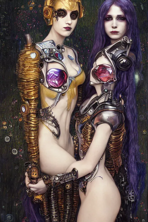 Image similar to portrait of two beautiful young gothic cyborg maidens, cyberpunk, Warhammer, kiss, highly detailed, artstation, illustration, art by Gustav Klimt