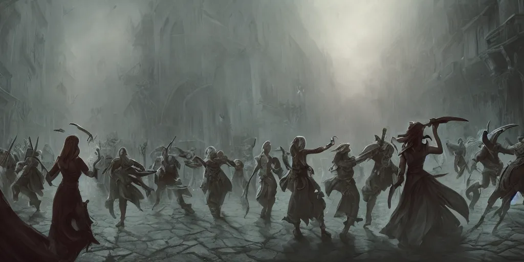 Prompt: cinematic, concept art, high fantasy matte painting, of a female bard and her adventuring party being chased through a medieval town by an angry crowd, foggy, depth of field, 8k, 35mm film grain, unreal engine 5 render dramatic, intricate, elegant, highly detailed, digital painting, artstation, concept art, smooth, sharp focus, illustration, octane render, art by Leesha Hannigan, Ross Tran, Thierry Doizon, Kai Carpenter, Ignacio Fernández Ríos