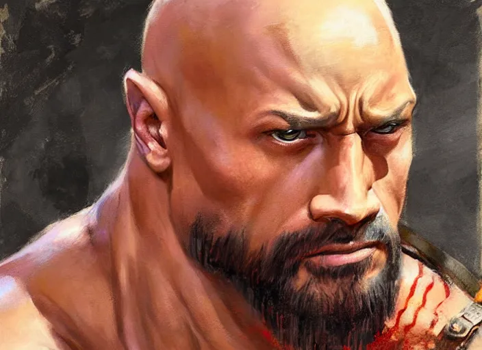 Image similar to a highly detailed beautiful portrait of dwayne johnson as kratos, by gregory manchess, james gurney, james jean