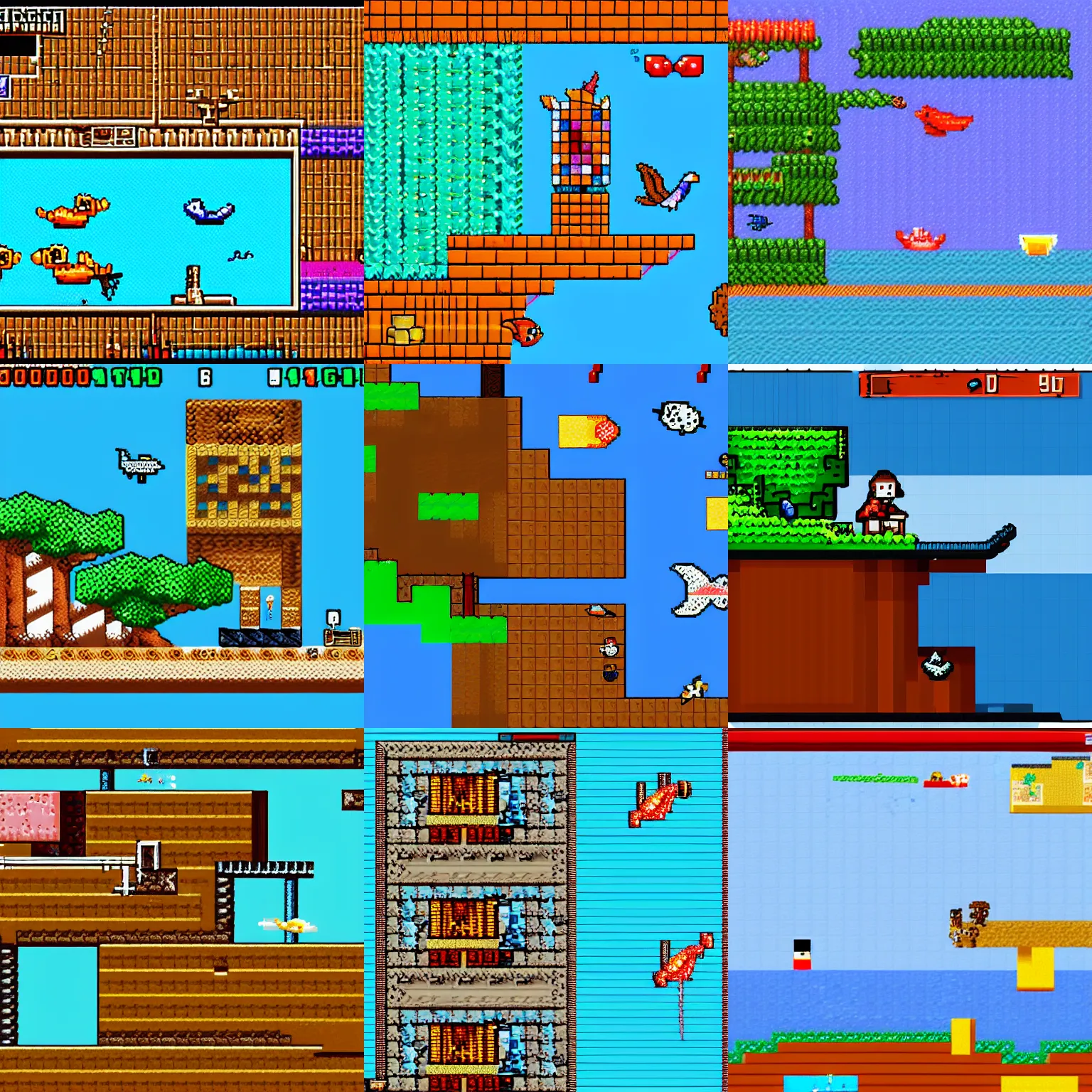 Prompt: screenshot of a sideview pixel art game, bird on a boat fishing in a deep sea full of fish