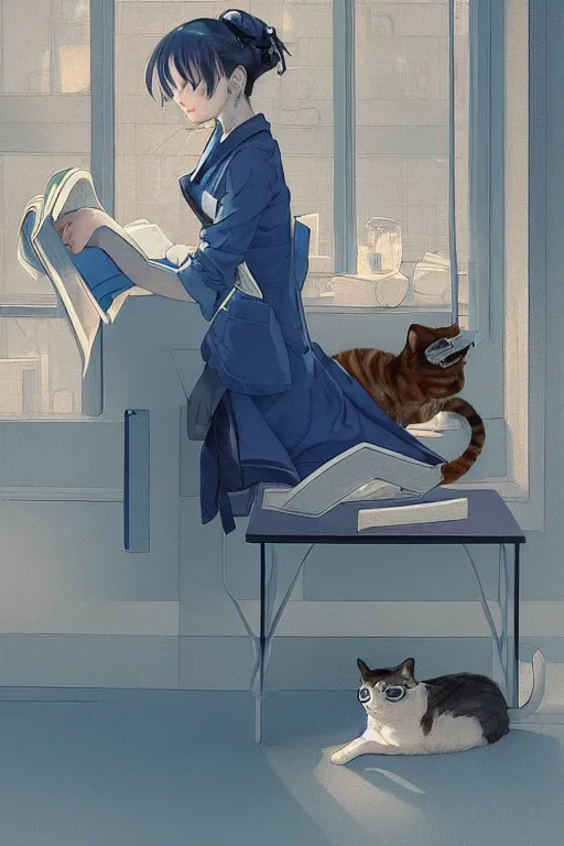 Image similar to a digital painting of a girl reading a book with a cat in A comfortable study room at night,blue and grey theme,JK uniform ,Hairdryer,blue theme,S line, by krenz cushart and mucha and range murata and greg rutkowski