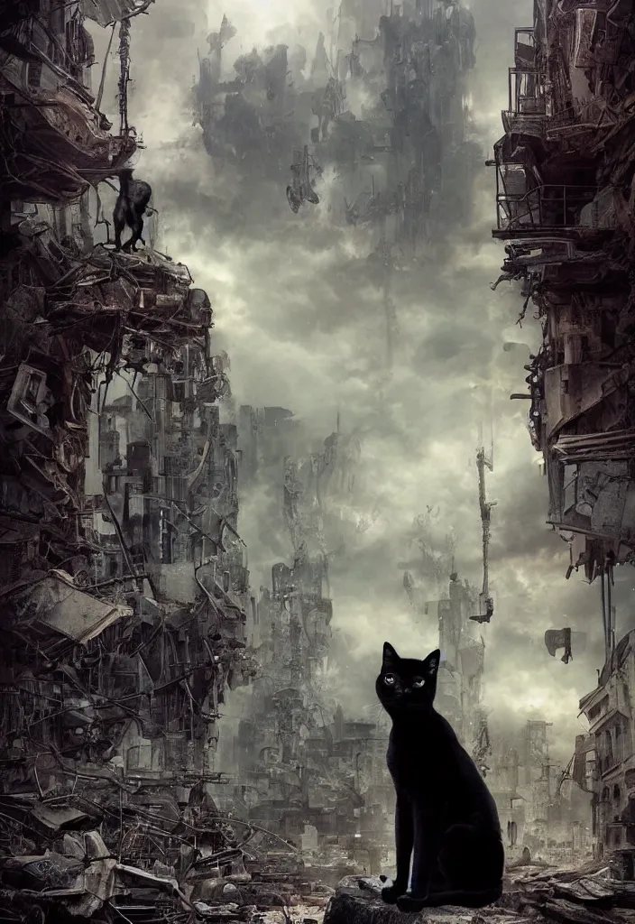 Prompt: One black cat standing on a rock, in the background is a destroyed dystopian city with mist, steampunk, digital art, very detailed, movie poster made by drew struzan, realistic