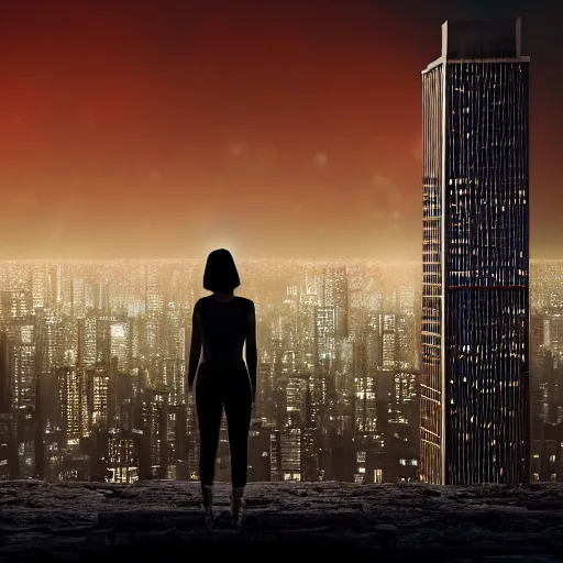 Image similar to A woman stands on the top of a tall building, looking out over the cityscape, the lights twinkling in the darkness, as she wonders what her life will be like from now on, in a post-apocalyptic world